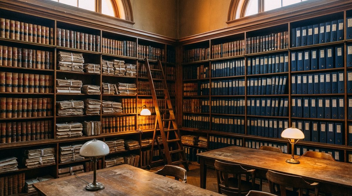 Historisches Dokumentenarchiv mit Aktenordnern und juristischen Texten zur Urheberrechtsreform