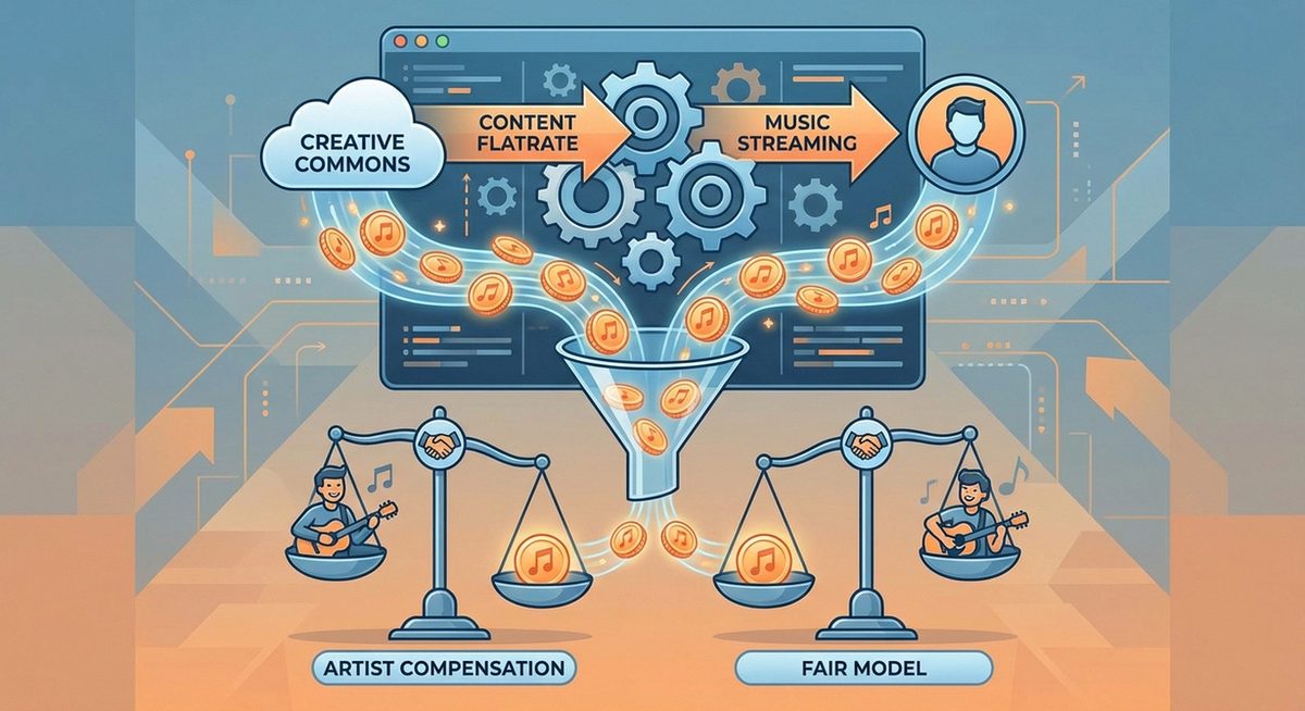 Symbolbild: Digitale Musiknoten und Filmrollen fließen durch ein Netzwerk, das Kreative und Nutzer verbindet