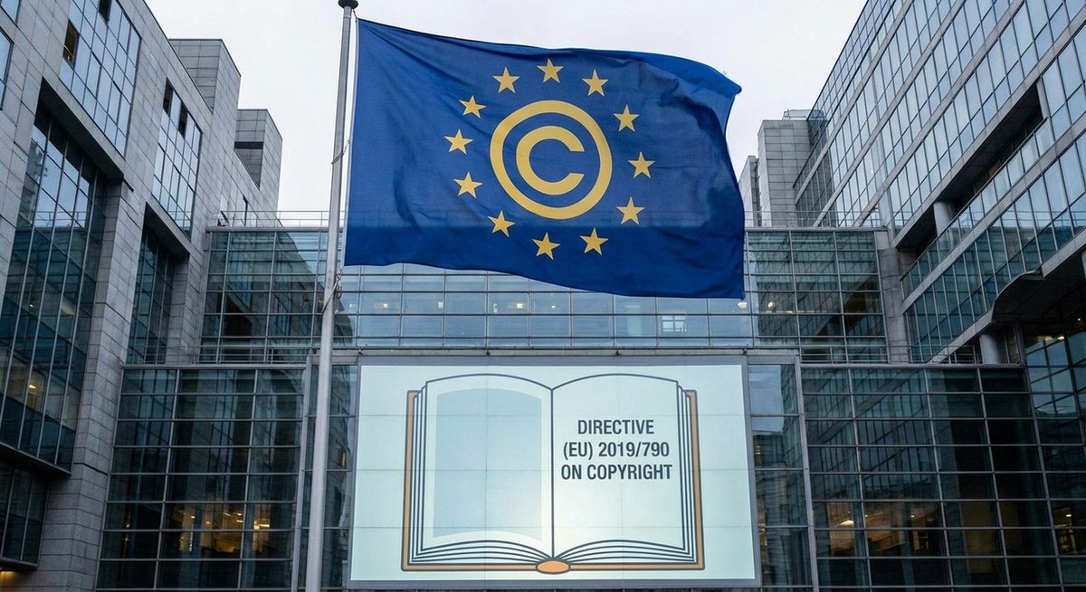 Europaflagge und Gesetzbuch symbolisieren EU-Urheberrecht