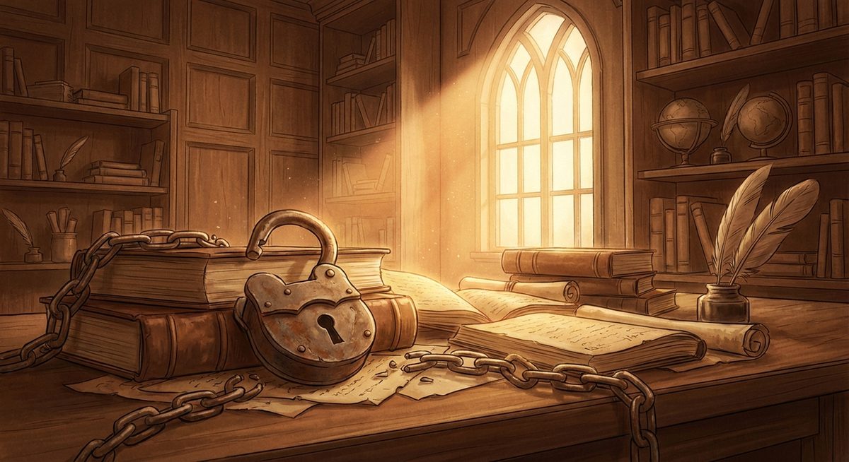 Alte B&uuml;cher und Manuskripte mit ge&ouml;ffnetem Schloss — Symbol f&uuml;r gemeinfreie Werke